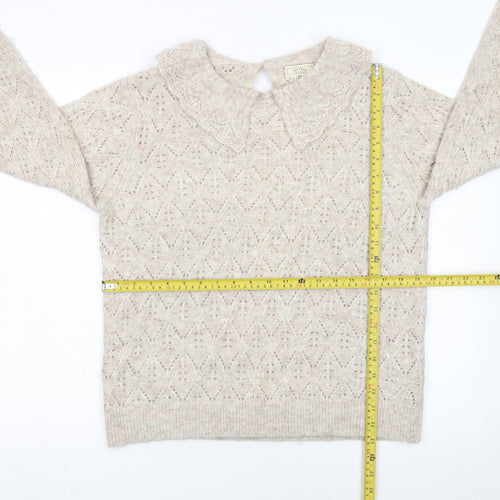 Fat Face Women Beige Collared Open-Knit Alpaca Jumper Size 14