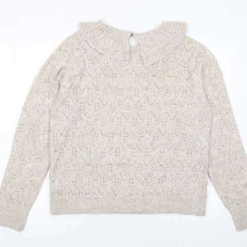 Fat Face Women Beige Collared Open-Knit Alpaca Jumper Size 14