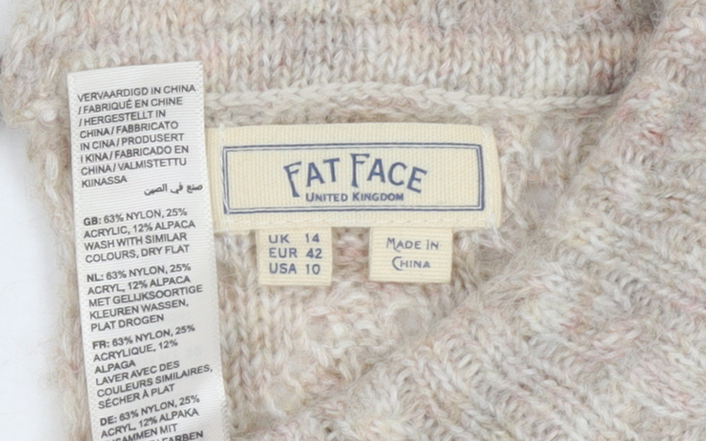Fat Face Women Beige Collared Open-Knit Alpaca Jumper Size 14