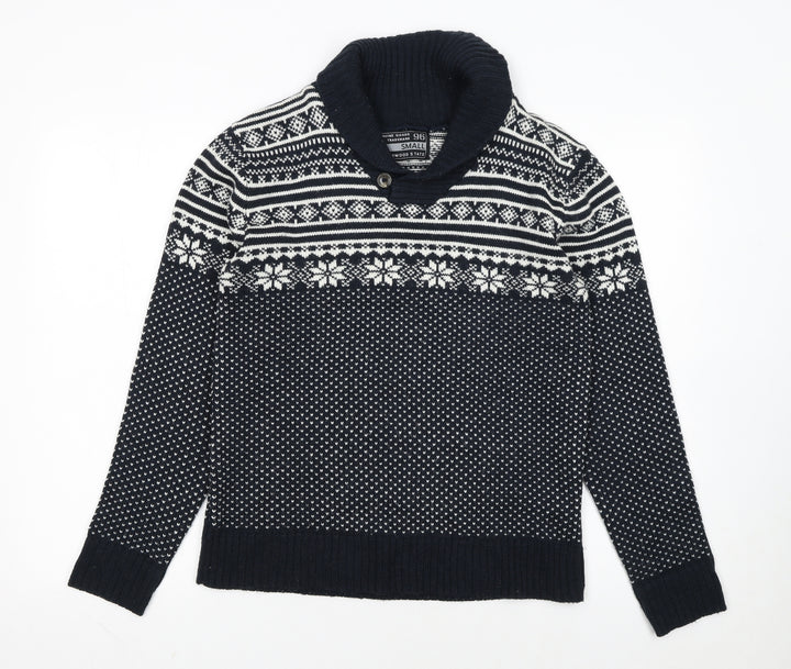 Cedarwood State Men’s Blue Fair Isle Roll Neck Jumper Size S