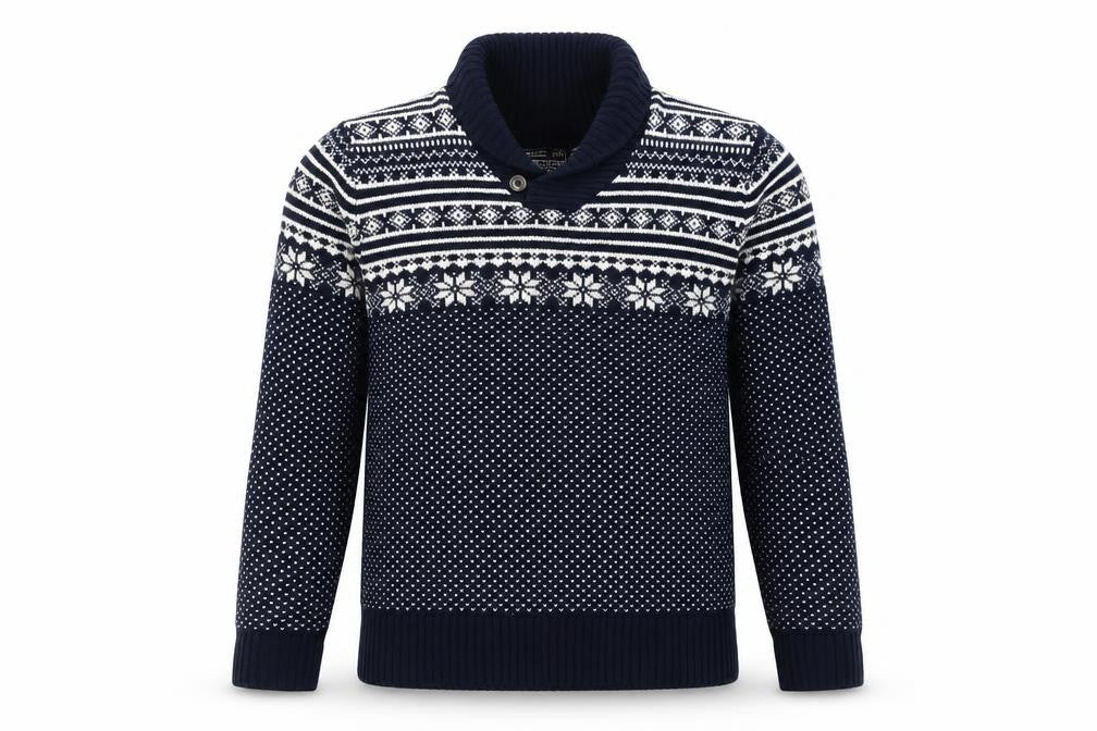 Front view of Cedarwood State Men’s Blue Fair Isle Roll Neck Jumper, size S