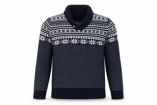Front view of Cedarwood State Men’s Blue Fair Isle Roll Neck Jumper, size S
