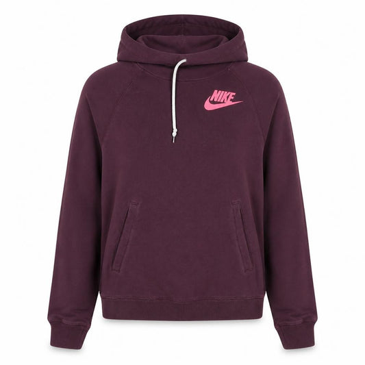Front view of Nike women’s burgundy pullover hoodie, size M, cotton blend