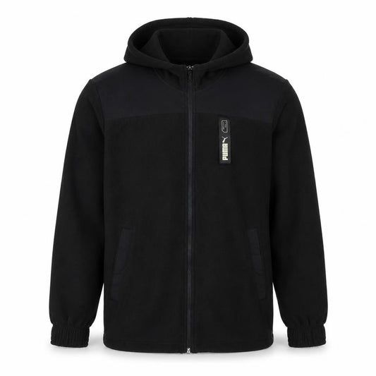 Front view of Puma Men's Black Full Zip Hoodie, size S, Sportswear Fleece Jacket