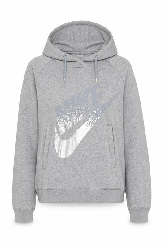 Front view of Nike women’s grey pullover hoodie medium cotton blend casual