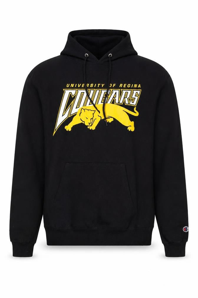 Front view of Champion Men's Black Pullover Hoodie Small University Graphic Fleece
