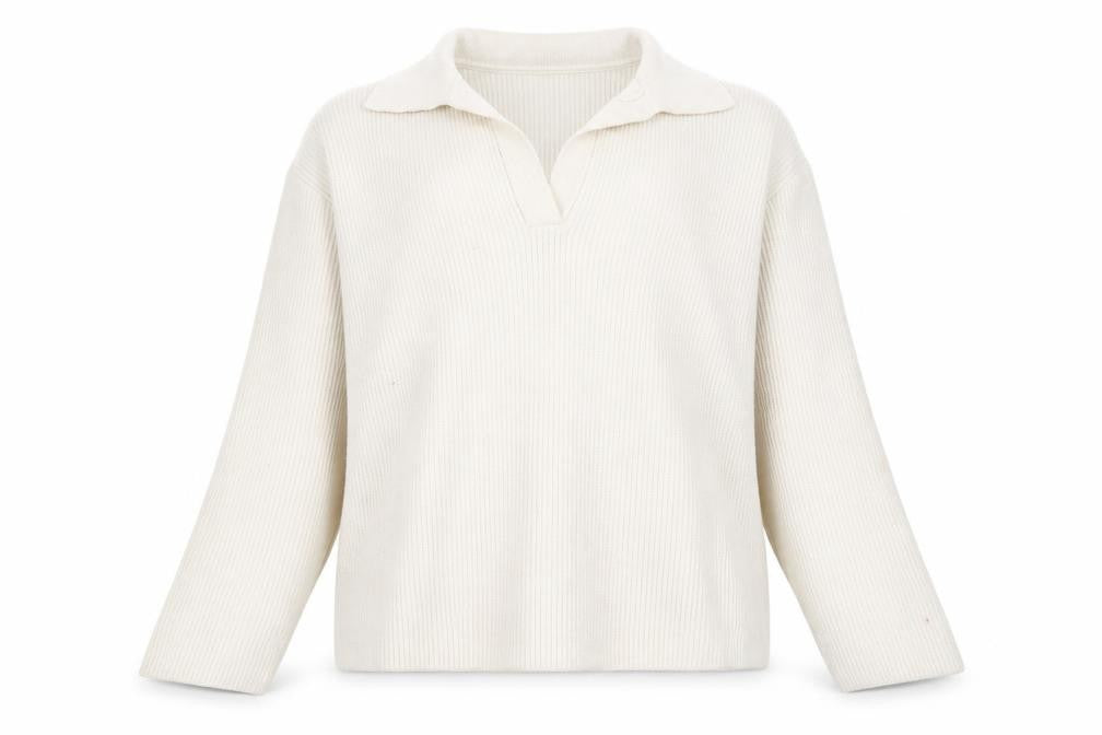 Front view of Mango Women's Ivory Collared Ribbed jumper L
