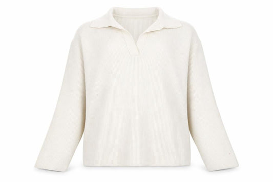 Front view of Mango Women's Ivory Collared Ribbed jumper L