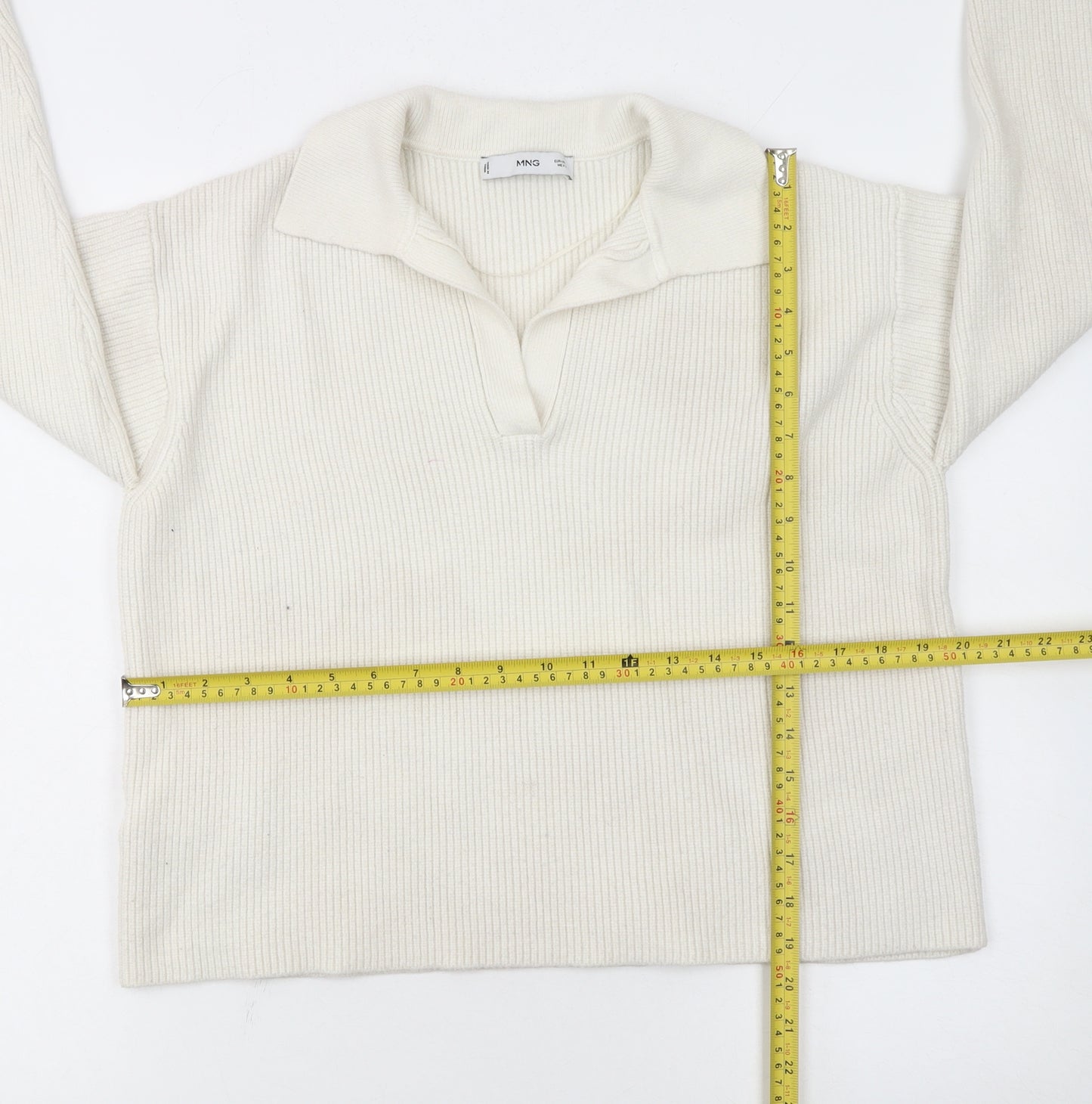 MNG Women's Ivory Collared Ribbed Pullover Jumper L