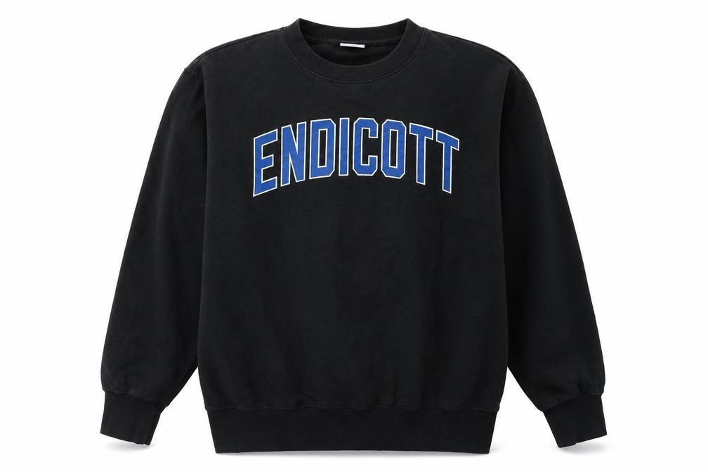 Front view of MV Sport Men's Black Endicott College Pullover Sweatshirt, size S