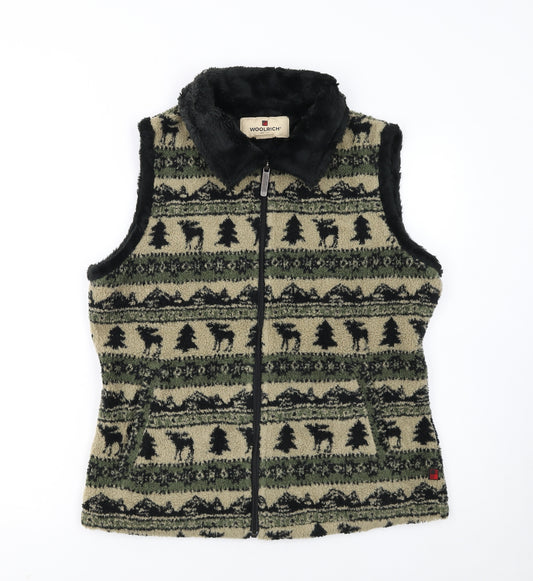 Woolrich Womens Beige Fleece Bodywarmer Waistcoat M Outdoor Patterned