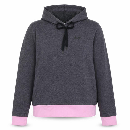 Front view of Under Armour women’s grey pink pullover hoodie, size M, loose fit