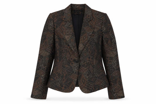 Front view of Jones New York Women's Brown Jacquard Blazer, size 12, Classic Fit