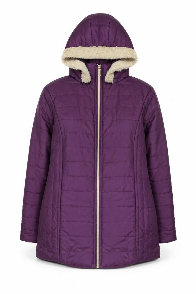 Front view of Nathalie Andersen women’s purple hooded puffer coat, size M
