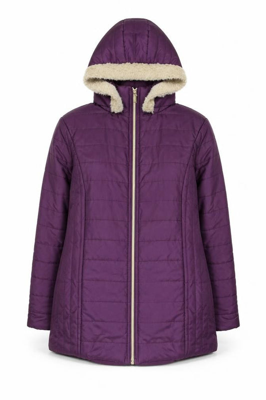Front view of Nathalie Andersen women’s purple hooded puffer coat, size M