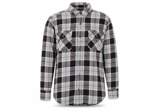Front view of Duluth Trading Co Men's Grey Check Flannel Button-Up Shirt M Regular Fit