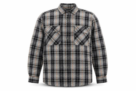 Front view of Stillwater Supply Co. men’s grey check flannel shirt medium cotton