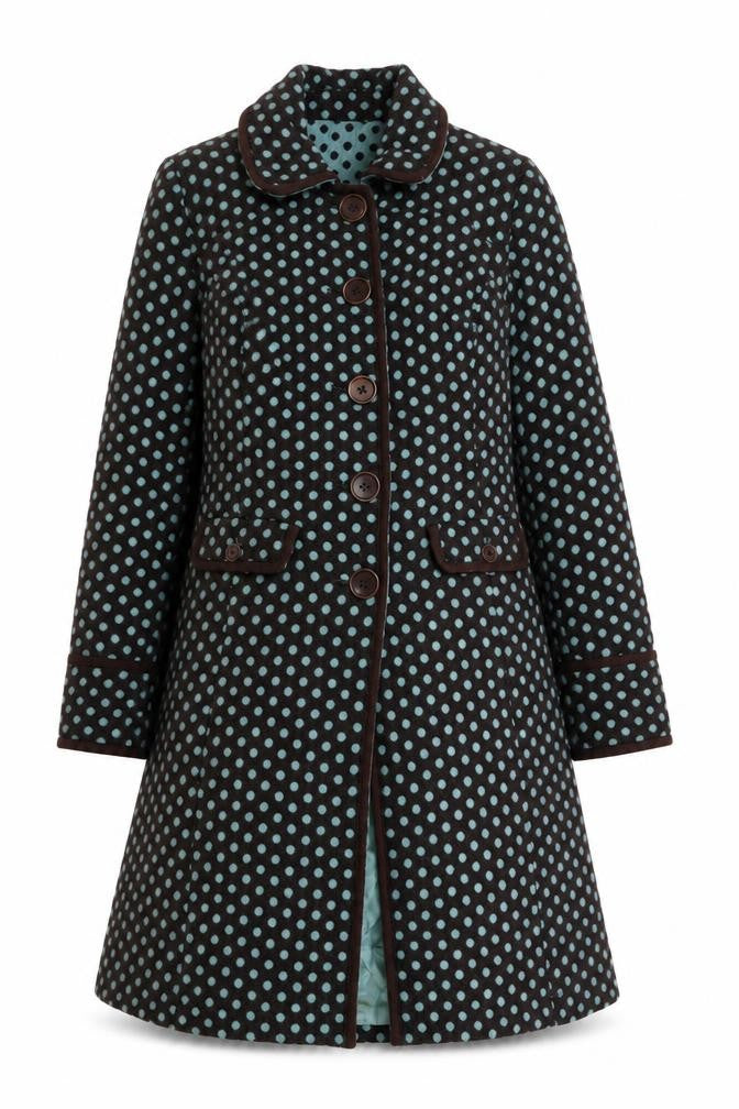 Front view of Boden Women’s Brown Polka Dot Wool Blend Mid-Length Coat, size UK 10