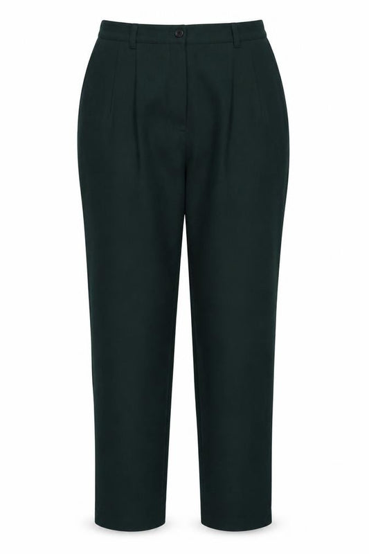 Front view of Sag Harbor women’s green wool high waist pleated dress pants, size UK 10
