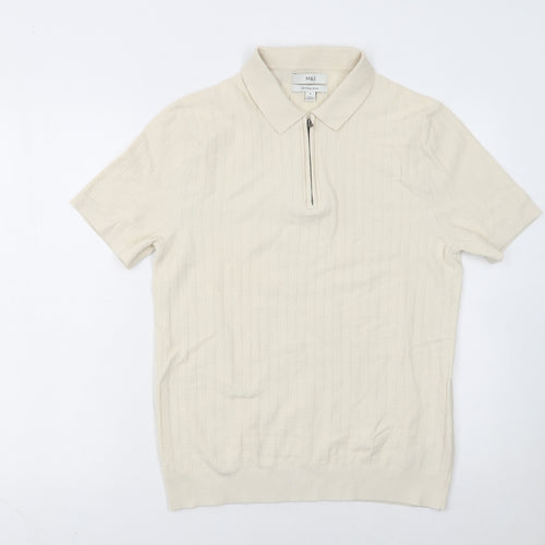 Marks and Spencer Men’s Ivory Cotton Polo M Zip Collar Knit Top