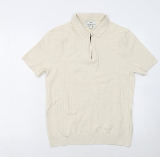 Marks and Spencer Men’s Ivory Cotton Polo M Zip Collar Knit Top