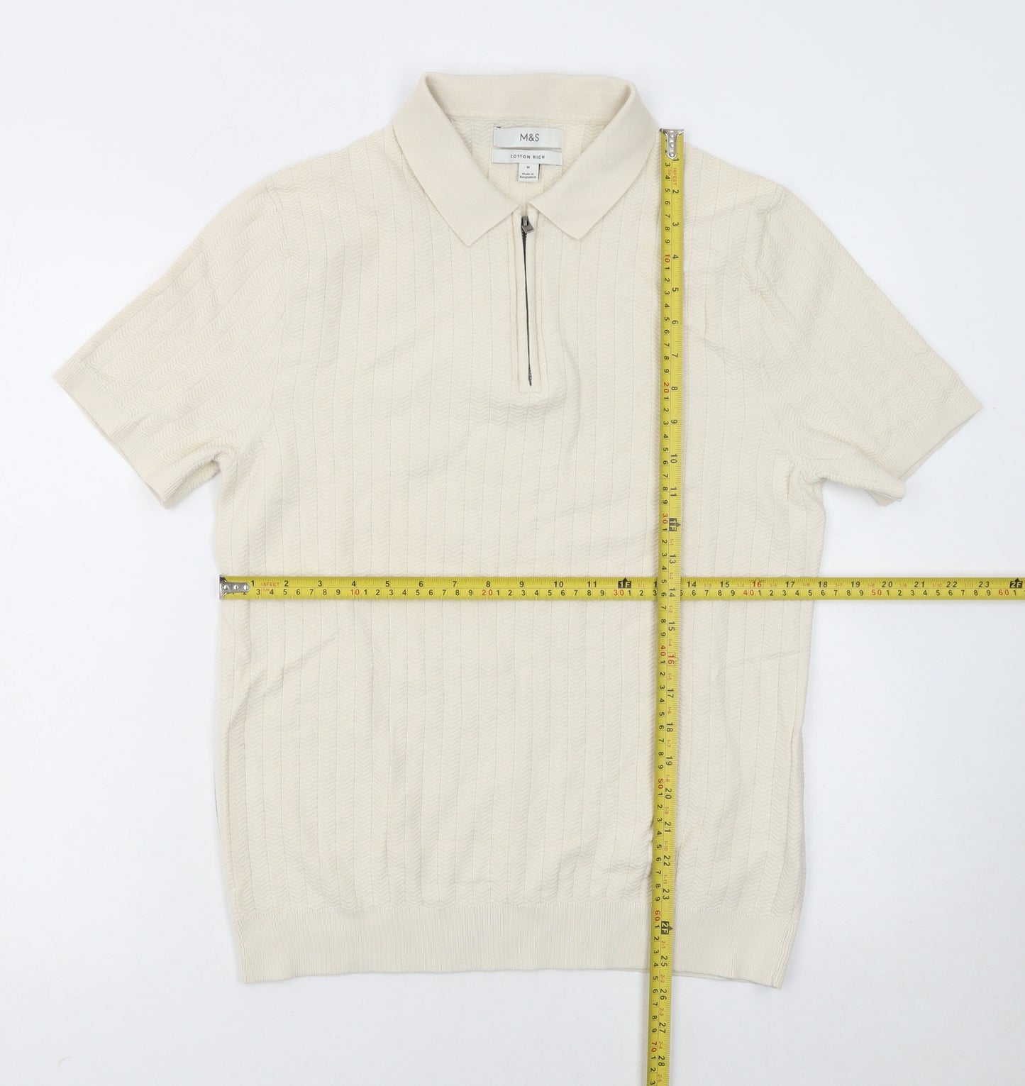 Marks and Spencer Men’s Ivory Cotton Polo M Zip Collar Knit Top