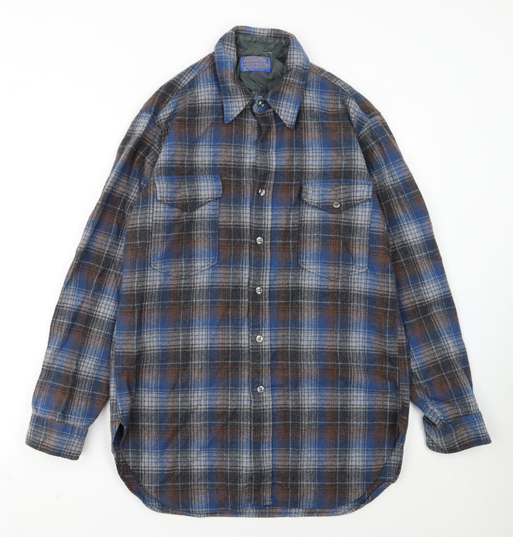 Pendleton Women Blue Plaid Wool Flannel Button-Up Shirt Size 16