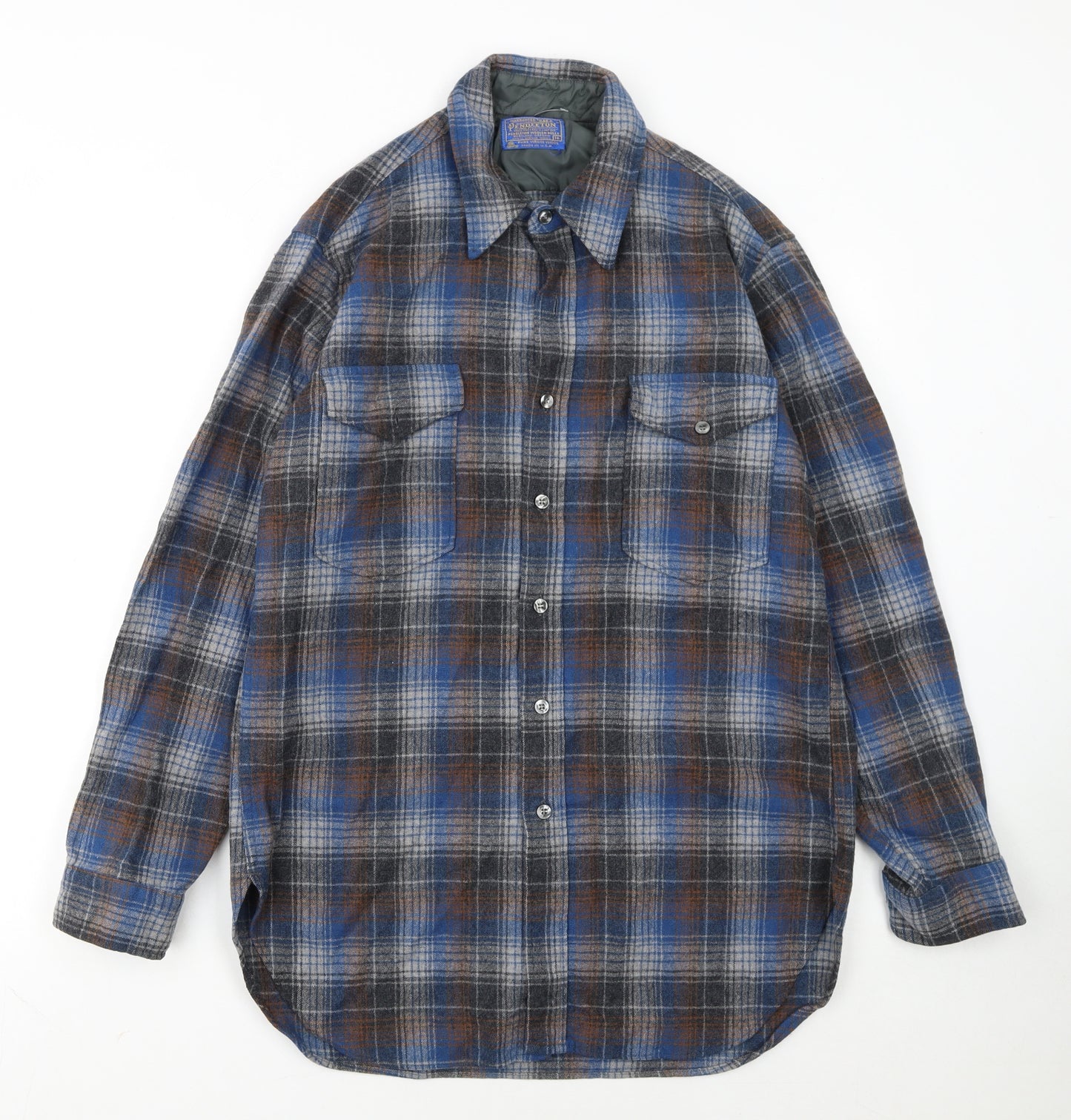 Pendleton Women Blue Plaid Wool Flannel Button-Up Shirt Size 16