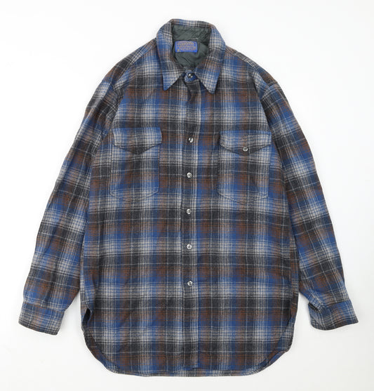 Pendleton Women Blue Plaid Wool Flannel Button-Up Shirt Size 16
