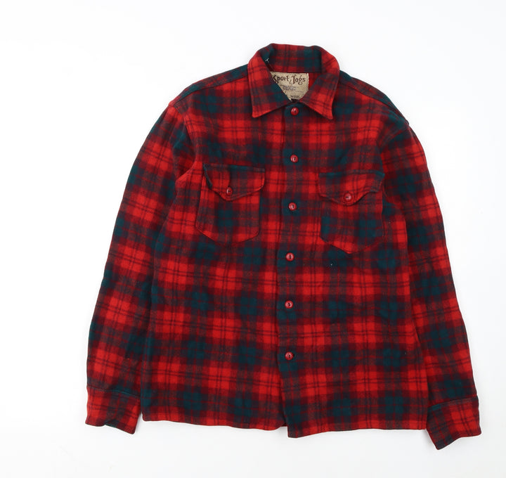 Sport Togs Men Red Wool Plaid Flannel Button-Up Shirt S Vintage