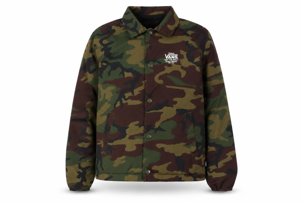 Front view of Vans women’s green camouflage coach jacket size small