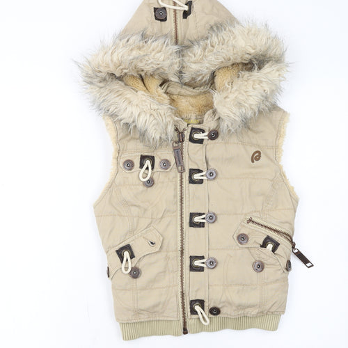 River Island Women’s Beige Faux Fur Hooded Cotton Waistcoat Size 10