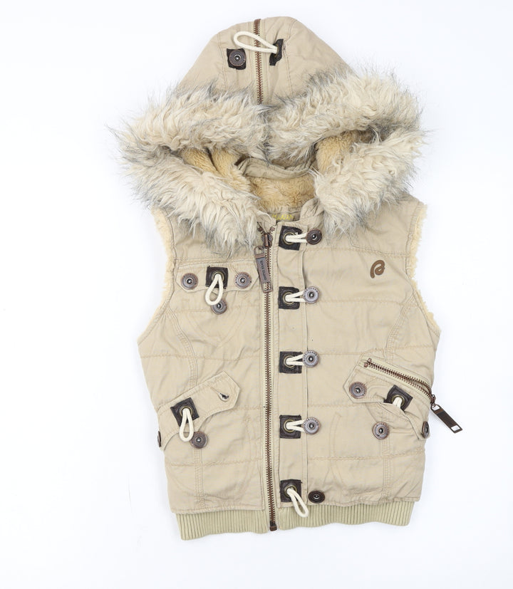 River Island Women’s Beige Faux Fur Hooded Cotton Waistcoat Size 10