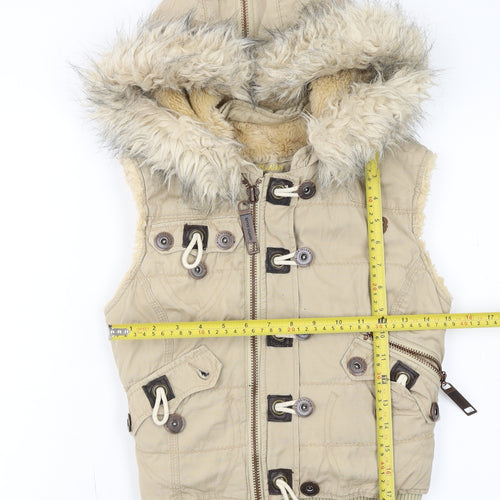 River Island Women’s Beige Faux Fur Hooded Cotton Waistcoat Size 10