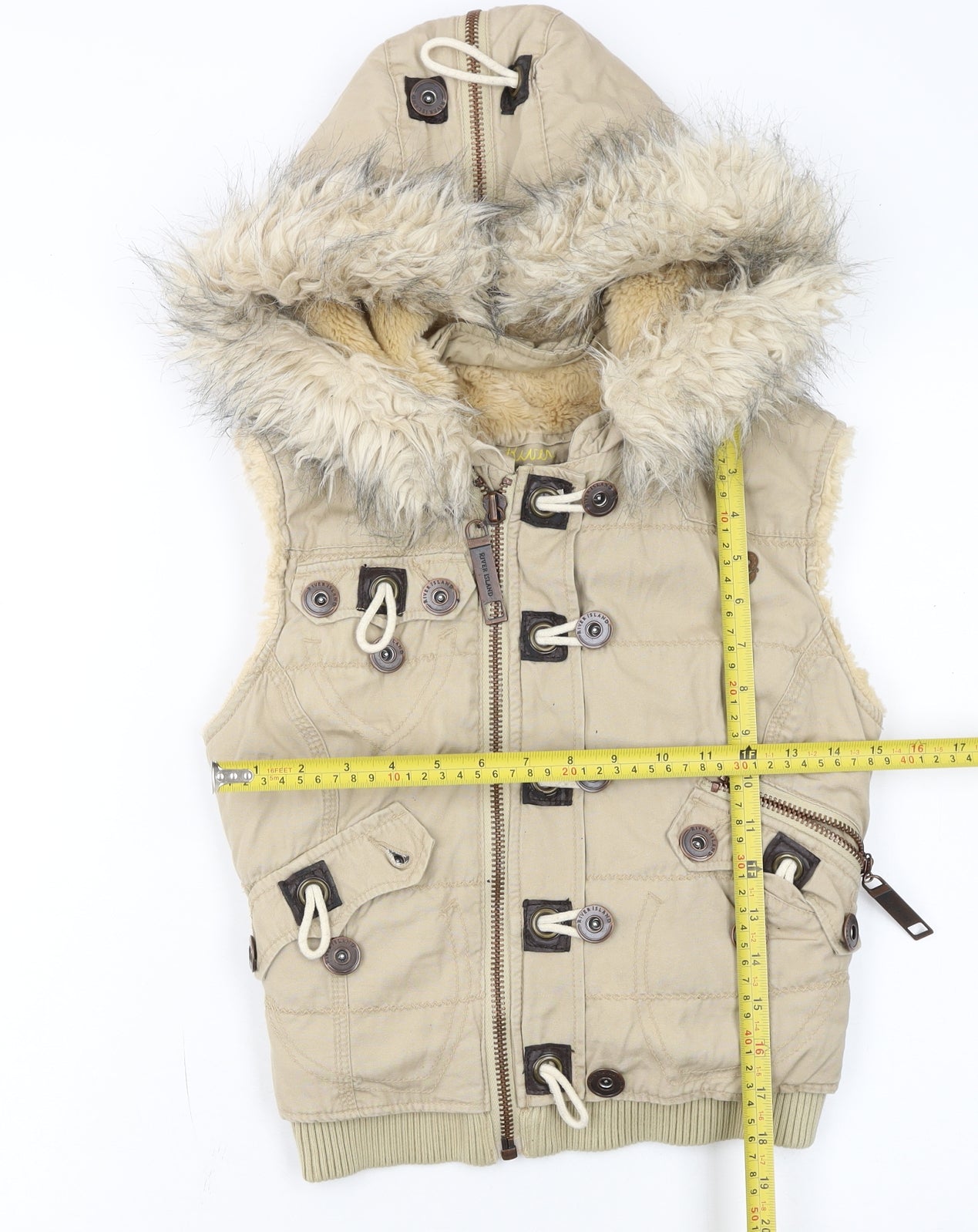 River Island Women’s Beige Faux Fur Hooded Cotton Waistcoat Size 10