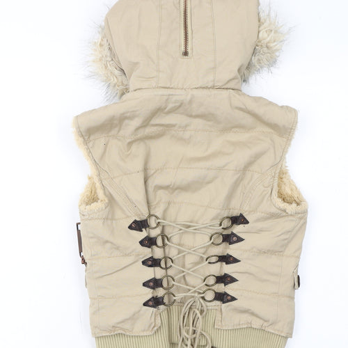 River Island Women’s Beige Faux Fur Hooded Cotton Waistcoat Size 10
