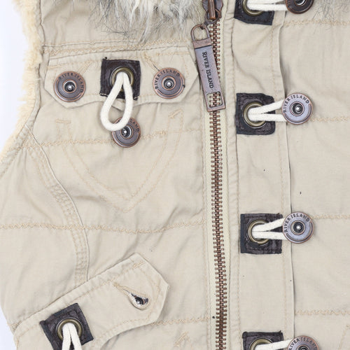 River Island Women’s Beige Faux Fur Hooded Cotton Waistcoat Size 10