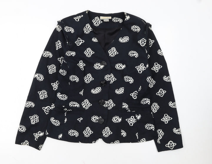 Medici by Gill Harvey Women's Black Embroidered Cotton Blazer Size 10