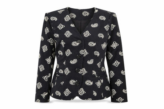 Front view of Medici by Gill Harvey Women's Black Embroidered Cotton Blazer, size 10