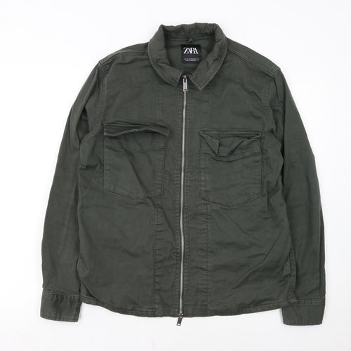 ZARA Women Green Cotton Twill Zip Military Jacket Size M