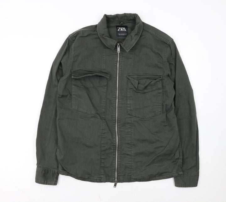ZARA Women Green Cotton Twill Zip Military Jacket Size M