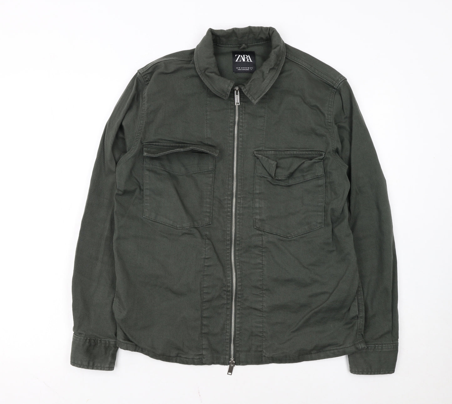 ZARA Women Green Cotton Twill Zip Military Jacket Size M