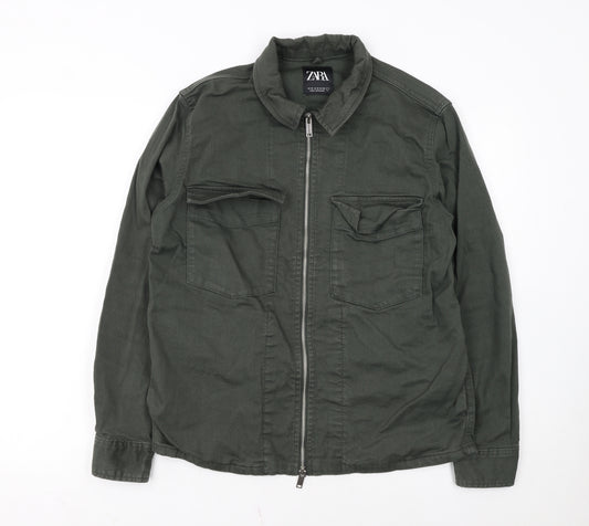 ZARA Women Green Cotton Twill Zip Military Jacket Size M