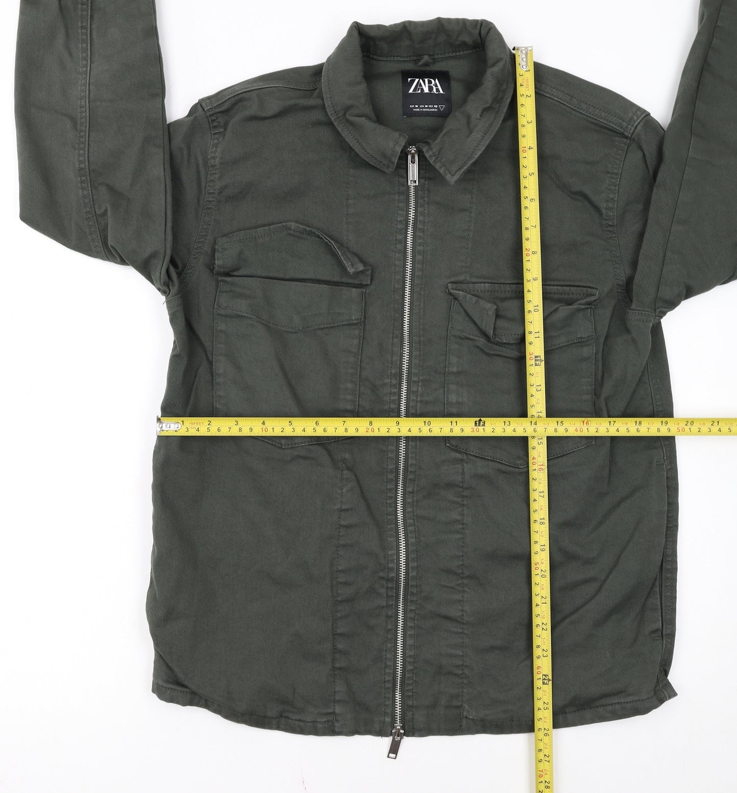 ZARA Women Green Cotton Twill Zip Military Jacket Size M