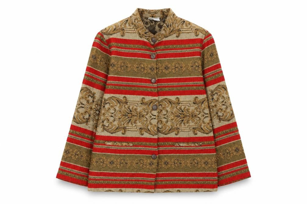 Front view of Leslie Fay women’s multicoloured jacquard blazer, size UK 8, classic fit