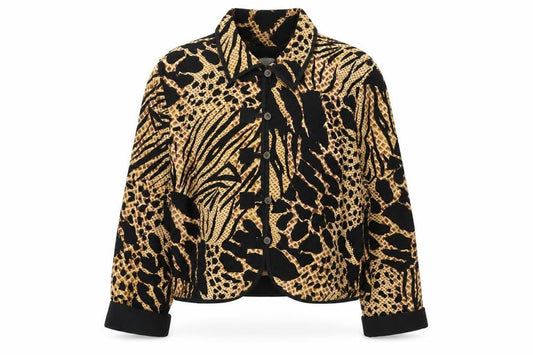 Front view of Jacqueline Lauren women’s beige black animal print cotton blazer m