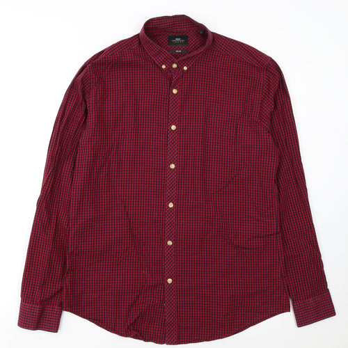 Moss London Men's Red Check Slim Fit Long Sleeve Button-Up Shirt Size L