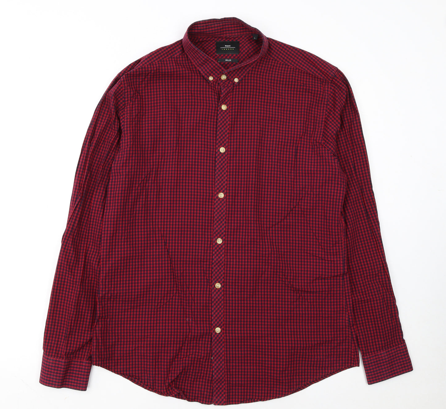 Moss London Men's Red Check Slim Fit Long Sleeve Button-Up Shirt Size L