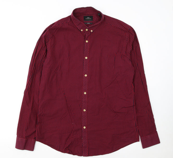 Moss London Men's Red Check Slim Fit Long Sleeve Button-Up Shirt Size L