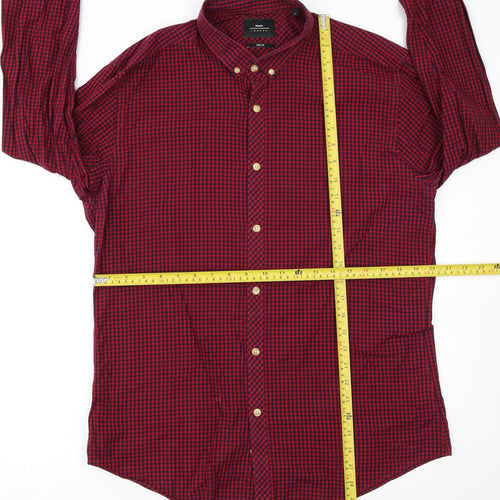 Moss London Men's Red Check Slim Fit Long Sleeve Button-Up Shirt Size L